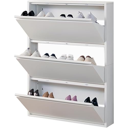 WISSEN WOOD HS31136 3-Flip-Drawer Wall Shoe Cabinet, Hidden Slim Narrow Shoe Rack, Wall Mount Metal, Made in Vietnam