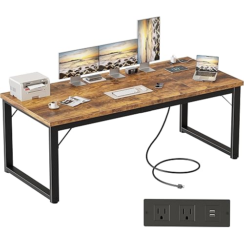 WISSEN WOOD HH41223 63 inch Industrial Computer Desk, 63 Inch Large Computer Desk with Power Outlets, 1.2 inch Thick Heavy Duty Industrial Office Desk, Made in Vietnam