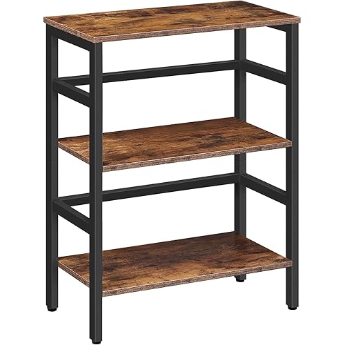 WISSEN WOOD HB31059 3 Tier Industrial Record Bookcase, 3 Tier Bookshelf, 23.6" L Industrial Bookcase, Record Storage Rack with Side Fence, Storage Shelf with Metal Frame, Rustic Open Display Shelf for Living Room, Bedroom, Rustic Brown BF86CJ01G1, Made in Vietnam