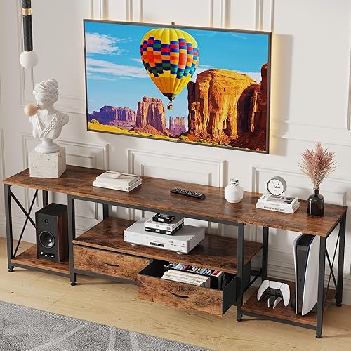 WISSEN WOOD HT31052 65-75 Inch Industrial TV Console, TV Stand with Fabric Drawers, Industrial TV Console Table with Open Storage Shelves, Made in Vietnam