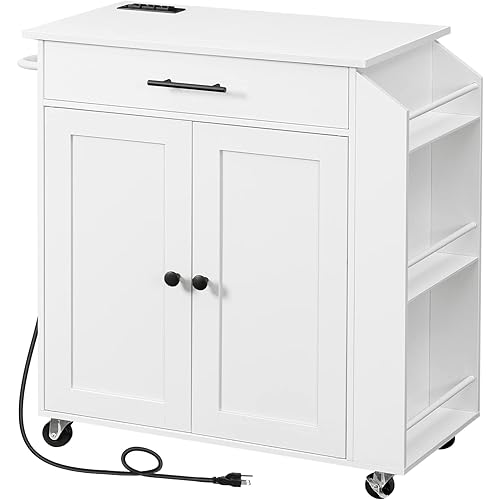 WISSEN WOOD HM11039 Kitchen Island with Power Outlet, Kitchen Storage Island with Spice Rack and Drawer, Rolling Kitchen Cart on Wheels, for Home, Kitchen and Dining Room, White, Made in Vietnam
