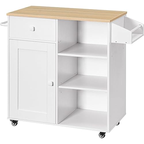WISSEN WOOD HM11067 Kitchen Island with Spice Rack, Kitchen Island, Storage Cabinet with Drawer, Kitchen Cart with Spice and Towel Rack, Saving Space, Easy Assembly, for Living Room, White and Natural, Made in Vietnam