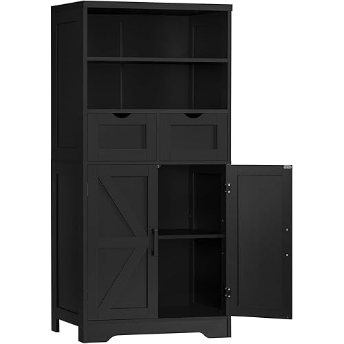 WISSEN WOOD HS41133 2-Drawer 2-Door Kitchen Cabinet, Storage Cabinet with Doors & 2 Drawers, Kitchen Cabinet with Adjustable Shelf, Pantry Cabinets, Bathroom Cabinets, for Living Room, Entryway, Home Office, Black, Made in Vietnam