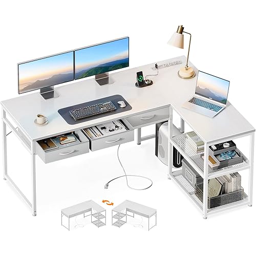 WISSEN WOOD HH41066 53 Inch L-Shaped Computer Desk, 53 Inch L Shaped Computer Desk with Drawers, Corner Desk with Power Outlets & Reversible Storage Shelves, Made in Vietnam