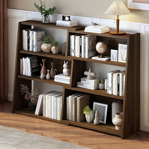 WISSEN WOOD HB31084 3-Tier Ladder Short Extendable Bookshelf, Wooden Extendable Shelf Bookcase - 3-Tier Ladder Low Short Bookshelf for Small Space or Corner, Dark Walnut, L, Made in Vietnam