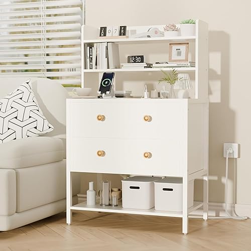 WISSEN WOOD HN31160 24" Wide 4-Tier Charging Nightstand, 24 Inch Wide Night Stand, Large Wooden Night Stand with 2 Adjustable Drawers, Tall Nightstand with 4-Tier Shelves and Charging Station, Bedside Table for Living Room/Bedroom/Office, White., Made in Vietnam