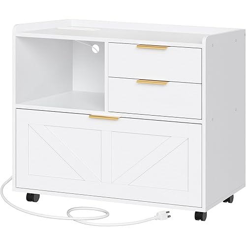 WISSEN WOOD OO41118 Lateral File Cabinet Charging Station, Lateral File Cabinet, Wooden Office Storage Drawers with Charging Station, Filing Cabinet for Home Office, A4/Letter/Legal-Sized Files, Printer Stand with Open Storage Spaces, White, Made in Vietnam
