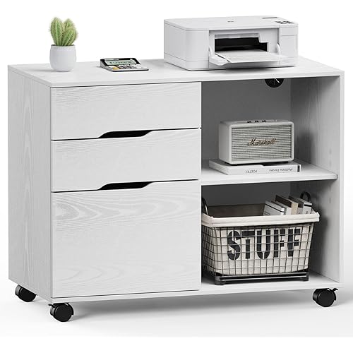 WISSEN WOOD OC41188 3-Drawer White Lateral File Cabinet, Lateral File Cabinet with 3 Drawers Rolling Filing Cabinets Under Desk Storage Printer Stand Wood Organizer with Wheels Adjustable Shelf for Office Home Small Space, White, Made in Vietnam