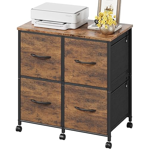 WISSEN WOOD OO41227 4-Drawer Mobile Lateral File Cabinet, 4 Drawer Lateral File Cabinet, Mobile Filing Cabinet for Large Printer, Home Office Functional Office Storage Cabinet & Printer Stand, Fits Letter/A4, Rustic Brown, Made in Vietnam