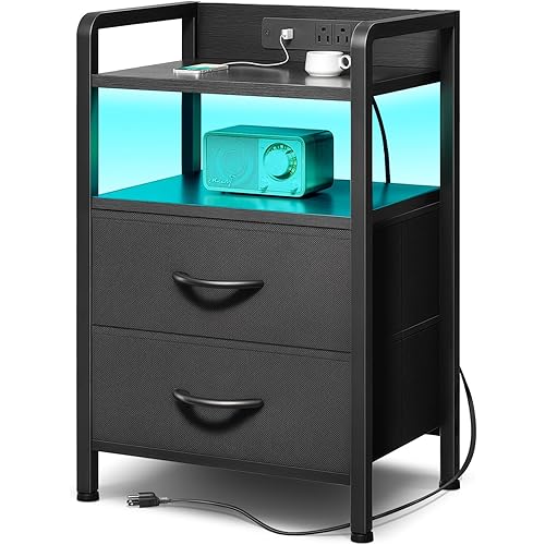 WISSEN WOOD HN31110 LED Bedside Charging Nightstand, Night Stand Bedside Charger Bedroom - Nightstand with Charging Station & LED Light Strip, Night Stand with Storage Shelf & 2 Fabric Drawers, Morden End Table with U-S-B Ports & AC Outlets, Made in Vietnam