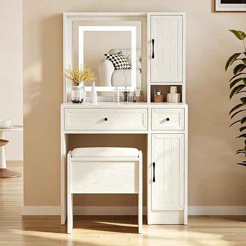 WISSEN WOOD HV31141 Compact Mirrored Makeup Vanity Set, Makeup Vanity Desk Set with LED Lighted Mirror & Stool, Compact Dressing Table with Drawers & Storage Cabinet, 3 Color Lighting Modes, White for Bedroom & Dorm, Made in Vietnam