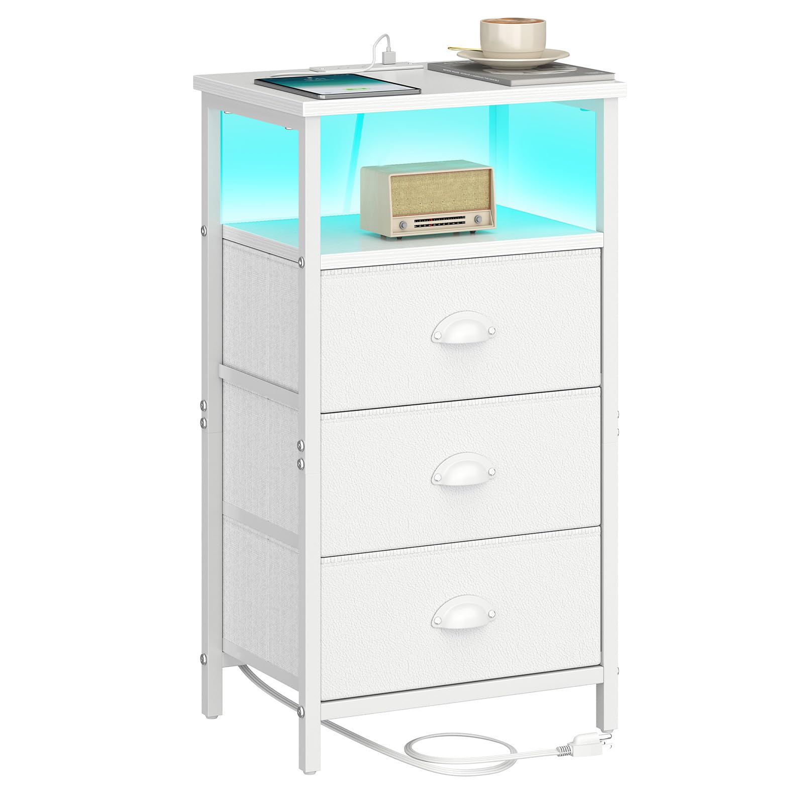 HN31151 LED White Fabric Drawer Nightstand