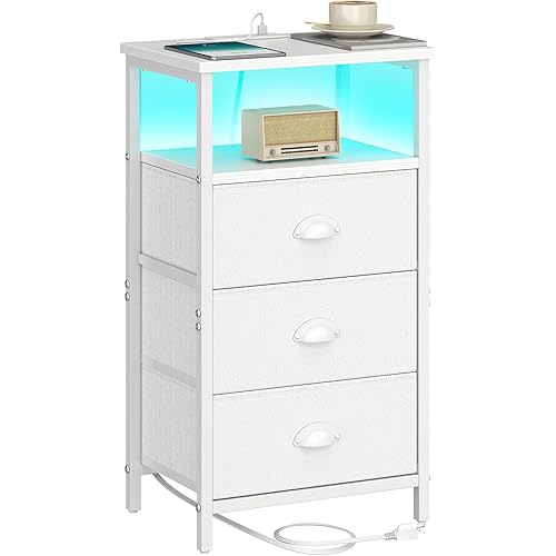 WISSEN WOOD HN31151 LED White Fabric Drawer Nightstand, Nightstand with Charging Station,LED White Nightstand with 3 Fabric Drawers PU Finish, Bedside End Tables, 2-Tier Open Storage Shelf Side Table Nightstand with Drawers for Bedroom,White, Made in Vietnam