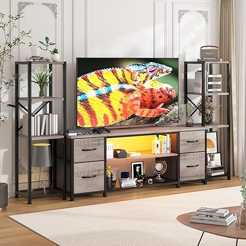 WISSEN WOOD HT31165 LED TV Stand Bookshelf Combo, Entertainment Center with Lights & Drawers, Industrial Media TV Console Table, Made in Vietnam