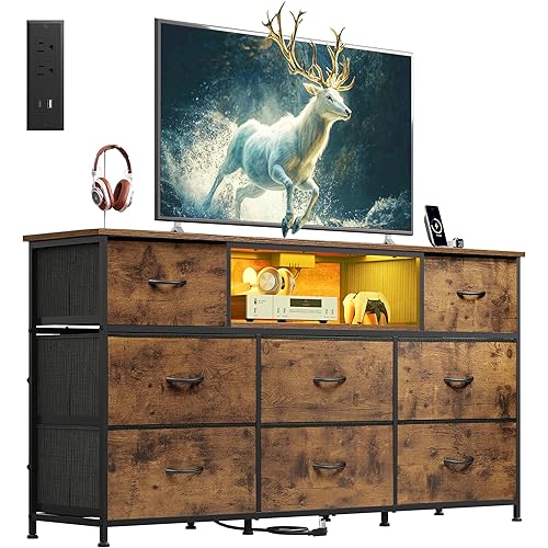 WISSEN WOOD HD31143 8-Drawer LED TV Stand Dresser, Entertainment Center with LED Lights & Charging Station, 8 Fabric Drawers, Made in Vietnam