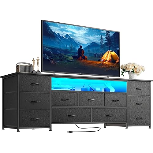 WISSEN WOOD HT31137 63 inch LED TV Stand Dresser, 11 Drawer Long Dresser with Power Outlets and LED Lights, Made in Vietnam