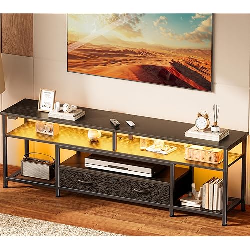 WISSEN WOOD HT31106 63 Inch LED TV Stand, Entertainment Center with Open Shelves and Power Outlets, TV Console with Drawers, Made in Vietnam