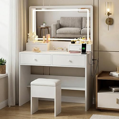 WISSEN WOOD HV31213 LED Mirrored Charging Vanity Desk, Makeup Vanity Desk with LED Mirror and Charging Station, Vanity Table Set with Storage Drawer and Chair for Bedroom, White, Made in Vietnam