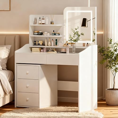 WISSEN WOOD HV31205 LED Mirrored 5-Drawer Vanity Desk, White Makeup Vanity Desk with LED Mirror & Movable Storage Cabinet, 3-Tier Open Shelves, 5 Drawers, Adjustable 3-Color Lighting for Bedroom, Made in Vietnam