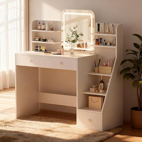 WISSEN WOOD HV31206 Sloped Shelf LED Makeup Vanity, White Makeup Vanity Desk with LED Mirror & 5-Tier Sloped Shelves, 7 Open Storage Areas & 3 Drawers, Adjustable 3-Color Lighting Dressing Table, Made in Vietnam