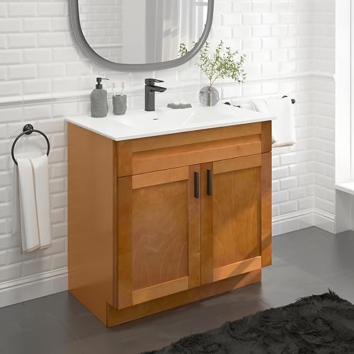 WISSEN WOOD TB21076 36 Inch Maple Shaker Vanity, Maple Shaker Sink Base Bathroom Vanity Ready-to-Assemble Cabinet 36 inch Width, Made in Vietnam