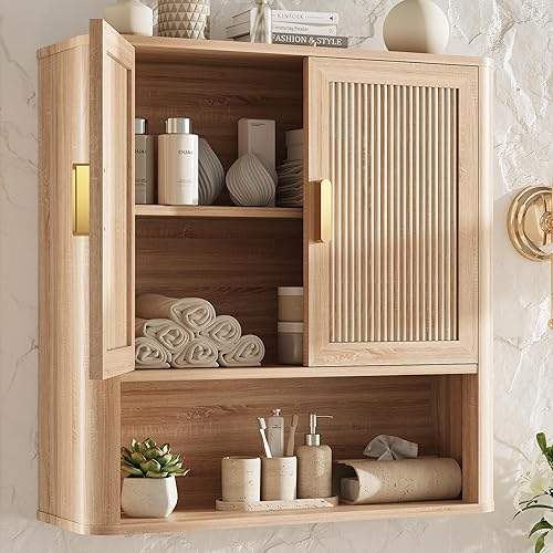 WISSEN WOOD HM21132 Medicine Cabinet Adjustable Wood Shelf, Bathroom Wall Storage Cabinet, Medicine Cabinet with Adjustable Wood Shelf & Doors, Over the Toilet Storage Cabinet for Laundry Room & Living Room Kitchen Storage Islands (Natural Oak), Made in Vietnam