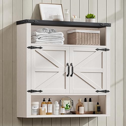 WISSEN WOOD HS21229 Adjustable Shelf Barn Door Wall Cabinet, Bathroom Wall Cabinet, Farmhouse Medicine Cabinet with Adjustable Shelves and 2 Barn Doors, Wall Mounted Over the Toilet Storage Cabinet for Bathroom, Laundry Room, Kitchen, Rustic White and Black, Made in Vietnam