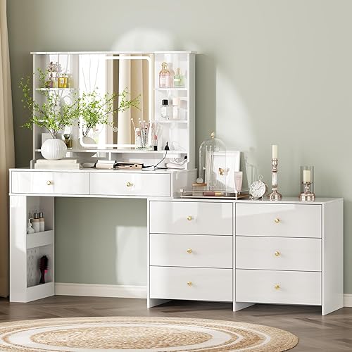 WISSEN WOOD HV31173 8-Drawer Mirrored Vanity Table, Makeup Vanity Desk with Mirror and Lights, Vanity Desk with 8 Drawers & Storage Shelves, Vanity Table with Power Outlet, 3 Color Modes & Adjustable Brightness Dressing Table, Bedroom,White, Made in Vietnam