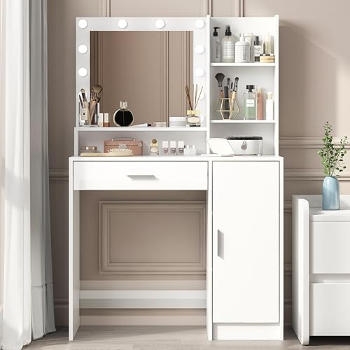 WISSEN WOOD HV31054 Mirrored Vanity Desk with Light, Vanity Desk with Mirror and Light, Large Drawer and Three Level Storage Dresser, 3 Lighting Modes Adjustable Brightness, Bedroom Dressing Table (White), Made in Vietnam