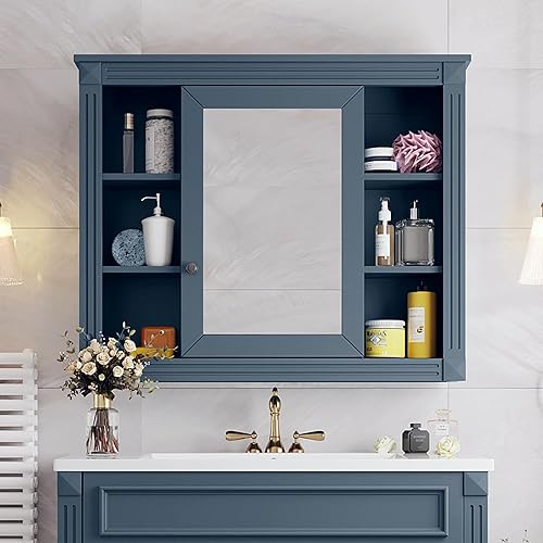 WISSEN WOOD HM21092 Mirrored Wall Mounted Medicine Cabinet, Bathroom Medicine Cabinet with Mirror, Wall Mounted Over Toilet Storage Cabinet Organizer with Doors and Shelves for Bathroom Laundry Room (Mirror Cabinet Only, Blue), Made in Vietnam