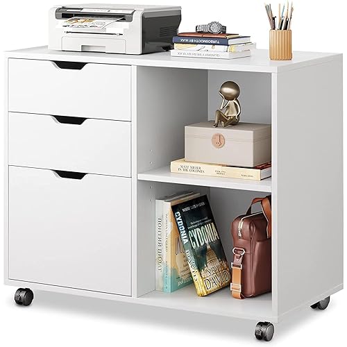 WISSEN WOOD OO31033 3-Drawer Wood Mobile File Cabinet, 3-Drawer Wood File Cabinet, Mobile Lateral Filing Cabinet, Printer Stand with Open Storage Shelves for Home Office, White, Made in Vietnam