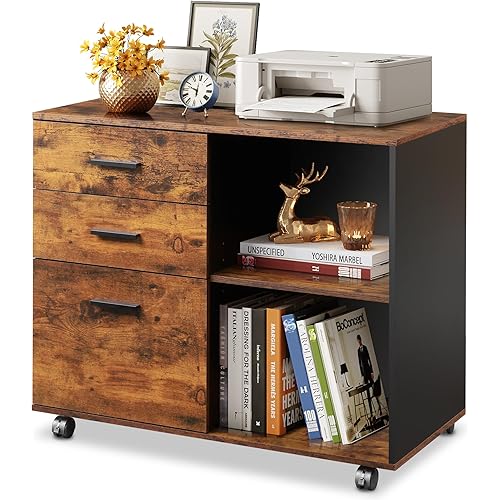 WISSEN WOOD OO41023 3 Drawer Mobile File Cabinet, 3 Drawer Mobile File Cabinet, Wood Lateral Filing Cabinet, Printer Stand with Open Shelves for Home Office, Rustic Brown, Made in Vietnam