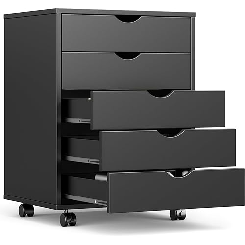 WISSEN WOOD OO41145 5-Drawer Mobile Wood File Cabinet, 5 Drawer Mobile File Cabinet Under Desk Storage Organization with Wheels Vertical Filing Chest Rolling Wood Small Desk Printer Stand for Home Office, 15.75"D x 18.74"W x 25.39"H, Black, Made in Vietnam