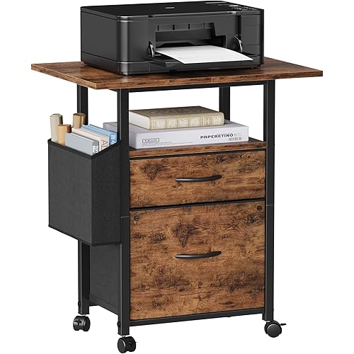 WISSEN WOOD OO41112 2-Drawer Extended Desktop File Cabinet, 2 Drawer File Cabinet with 24'' Extended Desktop, Mobile Filing Cabinet, Rolling File Cabinet with Side Bag, Fabric Drawer, Fits A4/Letter Size, Printer Stand Home Office, Light Brown, Made in Vietnam