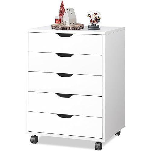 WISSEN WOOD OO41016 5-Drawer Mobile Under Desk File, 5-Drawer Filing Cabinet Under Desk, Wood Storage file Cabinet with Wheels, White, Made in Vietnam