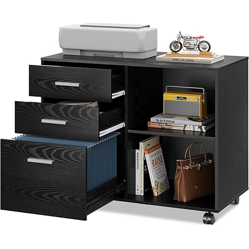 WISSEN WOOD OO41036 3 Drawer Mobile Lateral File, 3 Drawer Mobile File Cabinet, Wood Lateral Filing Cabinet, Printer Stand with Open Shelves for Home Office, Black, Made in Vietnam
