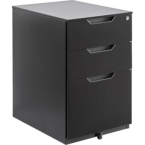 WISSEN WOOD OO41029 3-Drawer Mobile Lockable File Cabinet, 3-Drawer Mobile File Cabinet with Lock, Rolling Filing Cabinet for Hanging Files, Black, 20.71" D x 15.51" W x 24.29" H, Made in Vietnam