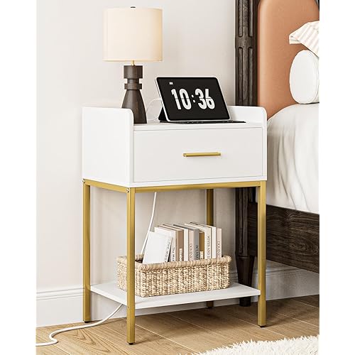 WISSEN WOOD HE31162 Modern Bedside Table Open Shelf, Nightstand with Charging Station, Modern Bedside Table with Drawer and Legs,White and Gold Night Stand with Open Shelf, Narrow Side Table for Bedroom, Living Room, Made in Vietnam