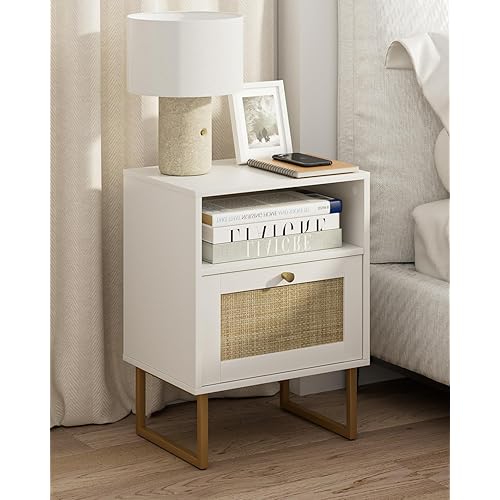 WISSEN WOOD HE31049 Modern Boho Rattan Nightstand, Rattan Nightstand, Modern Boho Farmhouse Wood Bedside Table with Storage Drawer and Open Shelf, Small Gold Frame Side End Table for Bedroom, Living Room, Office (White), Made in Vietnam