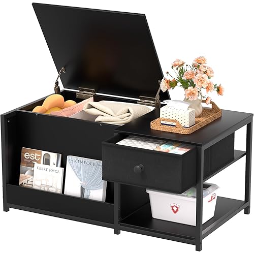 WISSEN WOOD HC31212 Modern Hidden Storage Coffee Table, Coffee Table with Storage, Rectangular Coffee Tables for Living Room, Modern Coffee Table with Hidden Storage Compartment and Adjustable Shelves, Black, Made in Vietnam