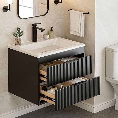 WISSEN WOOD TB21163 Modern Floating Double Drawer Vanity, 24 Inches Modern MDF Bathroom Vanity with Sink, Made in Vietnam