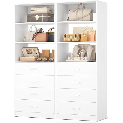 WISSEN WOOD HS31177 4-Drawer Modular Closet Storage Unit, Closet Drawers Organizer System, 3.54FT Wood Closet System with 4 Drawers, Modular Walk-in Closets Storage Unit, Tall Bookshelf Storage Cabinet, White (2 Packs), Made in Vietnam