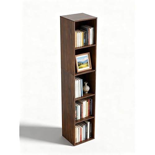 WISSEN WOOD HB31202 5-Tier Narrow Open Bookcase, 5 Cube Storage Organizer, Narrow Open Shelf Bookcase, Freestanding 5 Tier Low Display Bookshelf for Home Office, Living Room, Bedroom, Dark Brown & Black Walnut, Made in Vietnam