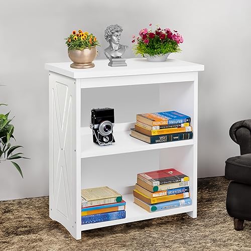 WISSEN WOOD HB31156 3-Tier Natural Wood Bookshelf, Natural Wood Bookshelf, 3 Tier Bookcase, Freestanding Display Storage Shelves Open Bookshelf for Bedroom, Living Room and Office (White, Table with Back), Made in Vietnam