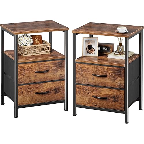 WISSEN WOOD HN31179 Set 2 Fabric Drawer Nightstands, Night Stand Set 2, Nightstand with 2 Drawers, Bed Side Table with Open Shelf, Wooden Top, End Table, Fabric Drawer, for Bedroom, Rustic Brown, Made in Vietnam