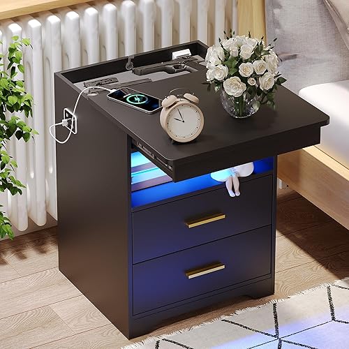 WISSEN WOOD HN31063 LED Nightstand with Gun Drawer, Night Stand with Gun Drawer, Charging Bedside Table with USB & Type-C Port, LED Nightstand with Human Sensor Light, Modern End Table with Drawers for Bedroom Office, Black, Made in Vietnam