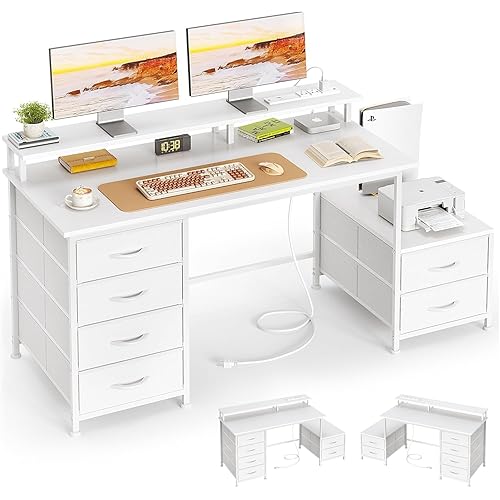 WISSEN WOOD HH41187 52 inch Office Desk with Drawers, 52 Inch Office Desk with 6 Drawers and Printer Space for Storage, Reversible Computer Desk, Made in Vietnam