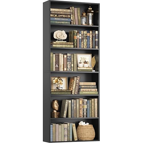 WISSEN WOOD HB31031 6-Tier Freestanding Open Bookcase, 6-Tier Open Bookcase and Bookshelf, Freestanding Display Storage Shelves Tall Bookcase for Bedroom, Living Room and Office, Black, Made in Vietnam