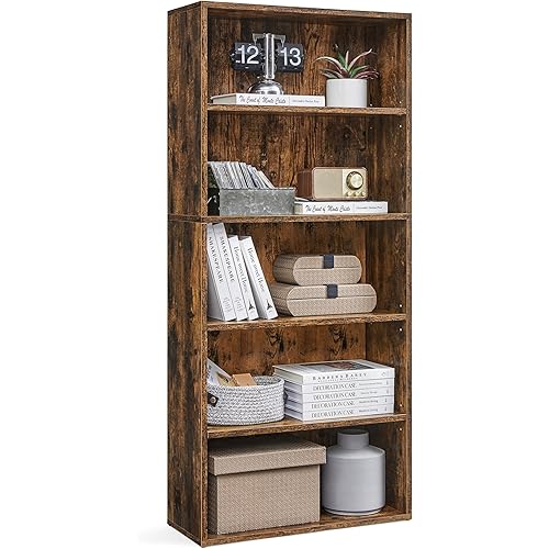 WISSEN WOOD HB31021 5-Tier Open Storage Shelf Bookcase, CUSTOS Collection - Bookshelf, 5-Tier Bookcase, Book Shelf, Open Storage Shelf, 9.4 x 23.6 x 52.5 Inches, for Living Room, Home Office, Dining Room, Rustic Brown ULBC165X01, Made in Vietnam