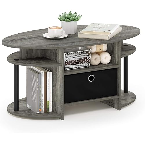 WISSEN WOOD HC31020 Oval French Oak Coffee Table, Jaya Oval Coffee Table, French Oak Grey/Black/Black, Made in Vietnam